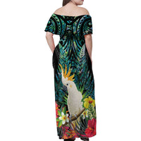 Sulphur-crested Cockatoo New Zealand Family Matching Off Shoulder Maxi Dress and Hawaiian Shirt Paua Shell Aotearoa Maori Tropical Flowers LT14 - Polynesian Pride