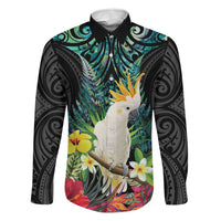 Sulphur-crested Cockatoo New Zealand Family Matching Off Shoulder Short Dress and Hawaiian Shirt Paua Shell Aotearoa Maori Tropical Flowers LT14 Dad's Shirt - Long Sleeve Black - Polynesian Pride