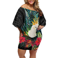 Sulphur-crested Cockatoo New Zealand Family Matching Off Shoulder Short Dress and Hawaiian Shirt Paua Shell Aotearoa Maori Tropical Flowers LT14 Mom's Dress Black - Polynesian Pride