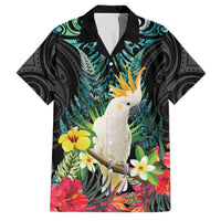Sulphur-crested Cockatoo New Zealand Family Matching Puletasi and Hawaiian Shirt Paua Shell Aotearoa Maori Tropical Flowers LT14 Dad's Shirt - Short Sleeve Black - Polynesian Pride