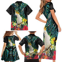Sulphur-crested Cockatoo New Zealand Family Matching Short Sleeve Bodycon Dress and Hawaiian Shirt Paua Shell Aotearoa Maori Tropical Flowers LT14 - Polynesian Pride