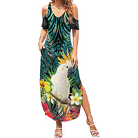 Sulphur-crested Cockatoo New Zealand Family Matching Summer Maxi Dress and Hawaiian Shirt Paua Shell Aotearoa Maori Tropical Flowers LT14 Mom's Dress Black - Polynesian Pride