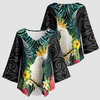 Sulphur-crested Cockatoo New Zealand Kimono Sleeve Blouse Paua Shell Aotearoa Maori Tropical Flowers LT14 - Polynesian Pride