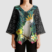 Sulphur-crested Cockatoo New Zealand Kimono Sleeve Blouse Paua Shell Aotearoa Maori Tropical Flowers LT14 - Polynesian Pride