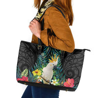 Sulphur-crested Cockatoo New Zealand Leather Tote Bag Paua Shell Aotearoa Maori Tropical Flowers LT14 Black - Polynesian Pride