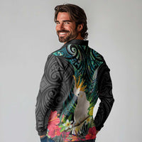 Sulphur-crested Cockatoo New Zealand Long Sleeve Polo Shirt Paua Shell Aotearoa Maori Tropical Flowers - Polynesian Pride