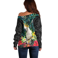 Sulphur-crested Cockatoo New Zealand Off Shoulder Sweater Paua Shell Aotearoa Maori Tropical Flowers - Polynesian Pride