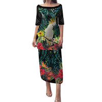 Sulphur-crested Cockatoo New Zealand Puletasi Paua Shell Aotearoa Maori Tropical Flowers LT14 Long Dress Black - Polynesian Pride
