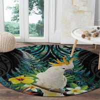 Sulphur-crested Cockatoo New Zealand Round Carpet Paua Shell Aotearoa Maori Tropical Flowers - Polynesian Pride
