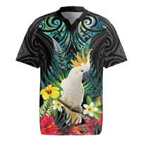 Sulphur-crested Cockatoo New Zealand Rugby Jersey Paua Shell Aotearoa Maori Tropical Flowers LT14 Black - Polynesian Pride