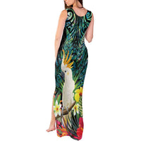 Sulphur-crested Cockatoo New Zealand Tank Maxi Dress Paua Shell Aotearoa Maori Tropical Flowers - Polynesian Pride