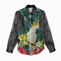 Sulphur-crested Cockatoo New Zealand Women Casual Shirt Paua Shell Aotearoa Maori Tropical Flowers - Polynesian Pride