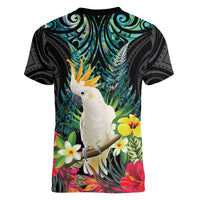 Sulphur-crested Cockatoo New Zealand Women V-Neck T-Shirt Paua Shell Aotearoa Maori Tropical Flowers LT14 - Polynesian Pride
