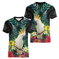 Sulphur-crested Cockatoo New Zealand Women V-Neck T-Shirt Paua Shell Aotearoa Maori Tropical Flowers LT14 - Polynesian Pride