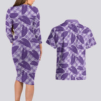 Purple Hawaii Kalo Palaka Motifs Couples Matching Long Sleeve Bodycon Dress and Hawaiian Shirt Hawaiian Taro Leaves Elegant Vibes - Polynesian Pride