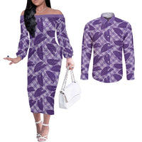 Purple Hawaii Kalo Palaka Motifs Couples Matching Off The Shoulder Long Sleeve Dress and Long Sleeve Button Shirt Hawaiian Taro Leaves Elegant Vibes - Polynesian Pride