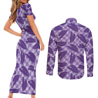 Purple Hawaii Kalo Palaka Motifs Couples Matching Short Sleeve Bodycon Dress and Long Sleeve Button Shirt Hawaiian Taro Leaves Elegant Vibes - Polynesian Pride