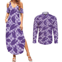 Purple Hawaii Kalo Palaka Motifs Couples Matching Summer Maxi Dress and Long Sleeve Button Shirt Hawaiian Taro Leaves Elegant Vibes - Polynesian Pride