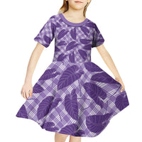 Purple Hawaii Kalo Palaka Motifs Kid Short Sleeve Dress Hawaiian Taro Leaves Elegant Vibes - Polynesian Pride