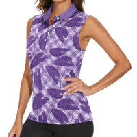 Purple Hawaii Kalo Palaka Motifs Women Sleeveless Polo Shirt Hawaiian Taro Leaves Elegant Vibes - Polynesian Pride