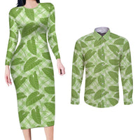 Green Hawaii Kalo Palaka Motifs Couples Matching Long Sleeve Bodycon Dress and Long Sleeve Button Shirt Hawaiian Taro Leaves Elegant Vibes - Polynesian Pride