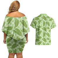 Green Hawaii Kalo Palaka Motifs Couples Matching Off Shoulder Short Dress and Hawaiian Shirt Hawaiian Taro Leaves Elegant Vibes - Polynesian Pride
