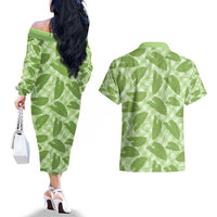 Green Hawaii Kalo Palaka Motifs Couples Matching Off The Shoulder Long Sleeve Dress and Hawaiian Shirt Hawaiian Taro Leaves Elegant Vibes - Polynesian Pride