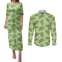 Green Hawaii Kalo Palaka Motifs Couples Matching Puletasi and Long Sleeve Button Shirt Hawaiian Taro Leaves Elegant Vibes - Polynesian Pride