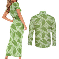 Green Hawaii Kalo Palaka Motifs Couples Matching Short Sleeve Bodycon Dress and Long Sleeve Button Shirt Hawaiian Taro Leaves Elegant Vibes - Polynesian Pride
