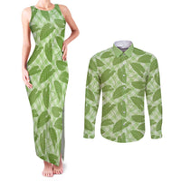 Green Hawaii Kalo Palaka Motifs Couples Matching Tank Maxi Dress and Long Sleeve Button Shirt Hawaiian Taro Leaves Elegant Vibes - Polynesian Pride