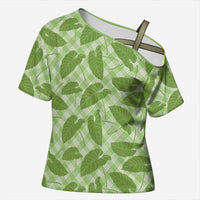 Green Hawaii Kalo Palaka Motifs Cross Shoulder Shirt Hawaiian Taro Leaves Elegant Vibes LT14 Female Green - Polynesian Pride
