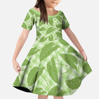 Green Hawaii Kalo Palaka Motifs Family Matching Long Sleeve Bodycon Dress and Hawaiian Shirt Hawaiian Taro Leaves Elegant Vibes LT14 Daughter's Dress Green - Polynesian Pride