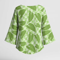Green Hawaii Kalo Palaka Motifs Kimono Sleeve Blouse Hawaiian Taro Leaves Elegant Vibes - Polynesian Pride