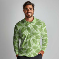 Green Hawaii Kalo Palaka Motifs Long Sleeve Polo Shirt Hawaiian Taro Leaves Elegant Vibes - Polynesian Pride