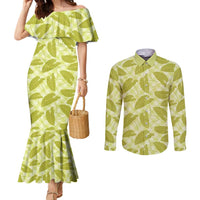 Lime Green Hawaii Kalo Palaka Motifs Couples Matching Mermaid Dress and Long Sleeve Button Shirt Hawaiian Taro Leaves Elegant Vibes - Polynesian Pride