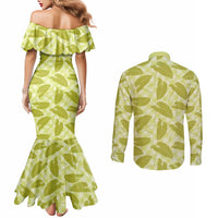 Lime Green Hawaii Kalo Palaka Motifs Couples Matching Mermaid Dress and Long Sleeve Button Shirt Hawaiian Taro Leaves Elegant Vibes - Polynesian Pride