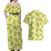 Lime Green Hawaii Kalo Palaka Motifs Couples Matching Off Shoulder Maxi Dress and Hawaiian Shirt Hawaiian Taro Leaves Elegant Vibes - Polynesian Pride
