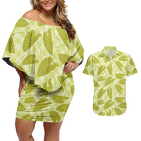 Lime Green Hawaii Kalo Palaka Motifs Couples Matching Off Shoulder Short Dress and Hawaiian Shirt Hawaiian Taro Leaves Elegant Vibes LT14 Lime Green - Polynesian Pride