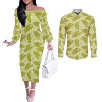 Lime Green Hawaii Kalo Palaka Motifs Couples Matching Off The Shoulder Long Sleeve Dress and Long Sleeve Button Shirt Hawaiian Taro Leaves Elegant Vibes - Polynesian Pride