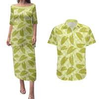 Lime Green Hawaii Kalo Palaka Motifs Couples Matching Puletasi and Hawaiian Shirt Hawaiian Taro Leaves Elegant Vibes - Polynesian Pride