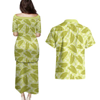 Lime Green Hawaii Kalo Palaka Motifs Couples Matching Puletasi and Hawaiian Shirt Hawaiian Taro Leaves Elegant Vibes - Polynesian Pride