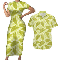 Lime Green Hawaii Kalo Palaka Motifs Couples Matching Short Sleeve Bodycon Dress and Hawaiian Shirt Hawaiian Taro Leaves Elegant Vibes LT14 Lime Green - Polynesian Pride