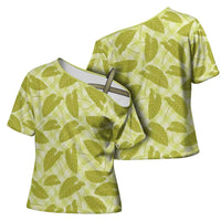 Lime Green Hawaii Kalo Palaka Motifs Cross Shoulder Shirt Hawaiian Taro Leaves Elegant Vibes - Polynesian Pride
