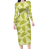 Lime Green Hawaii Kalo Palaka Motifs Family Matching Long Sleeve Bodycon Dress and Hawaiian Shirt Hawaiian Taro Leaves Elegant Vibes LT14 Mom's Dress Lime Green - Polynesian Pride