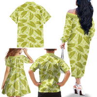 Lime Green Hawaii Kalo Palaka Motifs Family Matching Off The Shoulder Long Sleeve Dress and Hawaiian Shirt Hawaiian Taro Leaves Elegant Vibes - Polynesian Pride