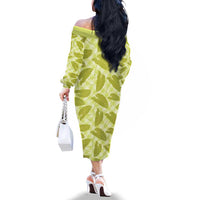 Lime Green Hawaii Kalo Palaka Motifs Family Matching Off The Shoulder Long Sleeve Dress and Hawaiian Shirt Hawaiian Taro Leaves Elegant Vibes LT14 - Polynesian Pride