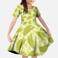 Lime Green Hawaii Kalo Palaka Motifs Family Matching Off Shoulder Maxi Dress and Hawaiian Shirt Hawaiian Taro Leaves Elegant Vibes LT14 Daughter's Dress Lime Green - Polynesian Pride