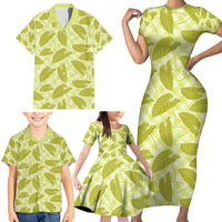 Lime Green Hawaii Kalo Palaka Motifs Family Matching Short Sleeve Bodycon Dress and Hawaiian Shirt Hawaiian Taro Leaves Elegant Vibes - Polynesian Pride