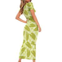 Lime Green Hawaii Kalo Palaka Motifs Short Sleeve Bodycon Dress Hawaiian Taro Leaves Elegant Vibes - Polynesian Pride