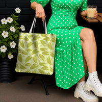 Lime Green Hawaii Kalo Palaka Motifs Tote Bag Hawaiian Taro Leaves Elegant Vibes - Polynesian Pride